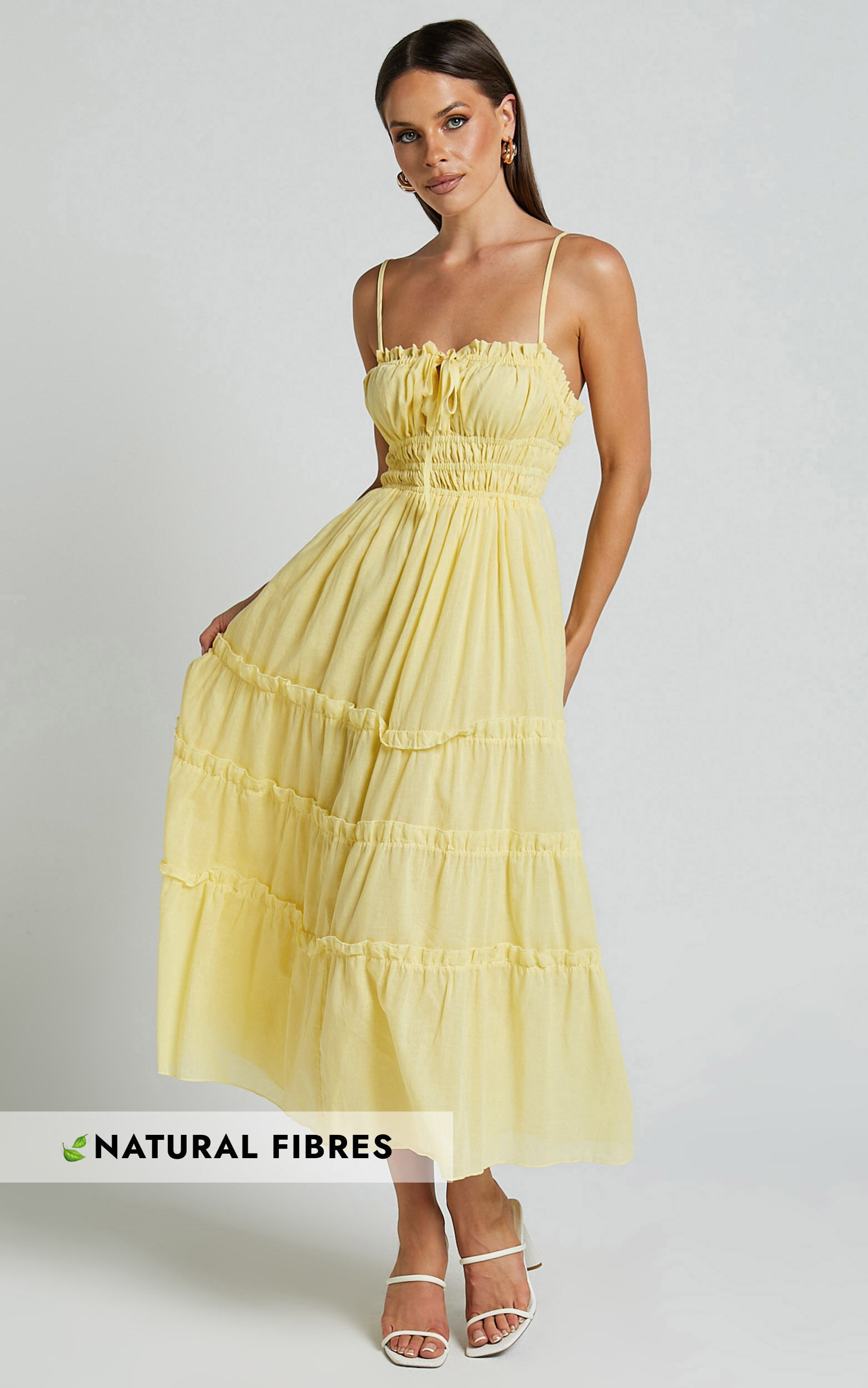 Schiffer Midi Dress - Strappy Ruched Tie Front Tiered Dress in Yellow | Showpo (US, UK & Europe)