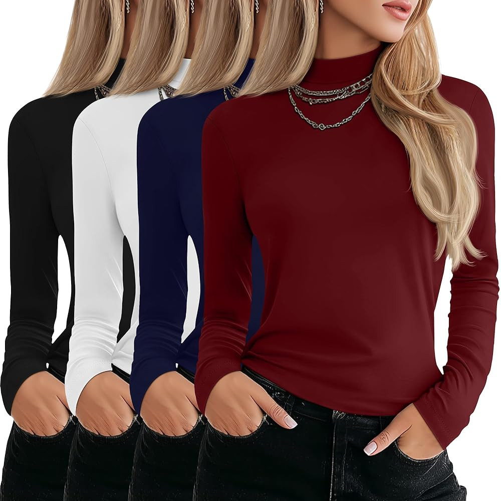 Neer 4 Pack Women's Mock Turtleneck Shirts Long Sleeve Pullover Tops Stretch Cotton Basic Layerin... | Amazon (US)