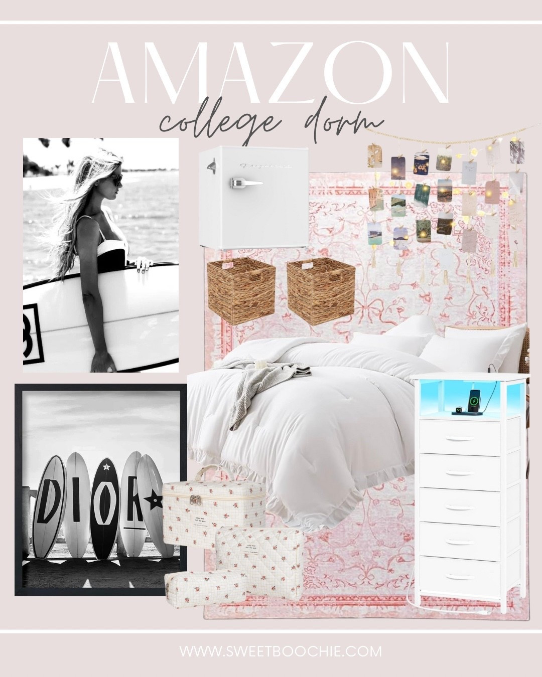 Amazon college dorm inspiration for girl, pink, beachy, boho, love shack fancy, nightstand, baskets, small fridge, pink rug, shabby chic, cosmetic bags

#LTKStyleTip #LTKFindsUnder50 #LTKHome