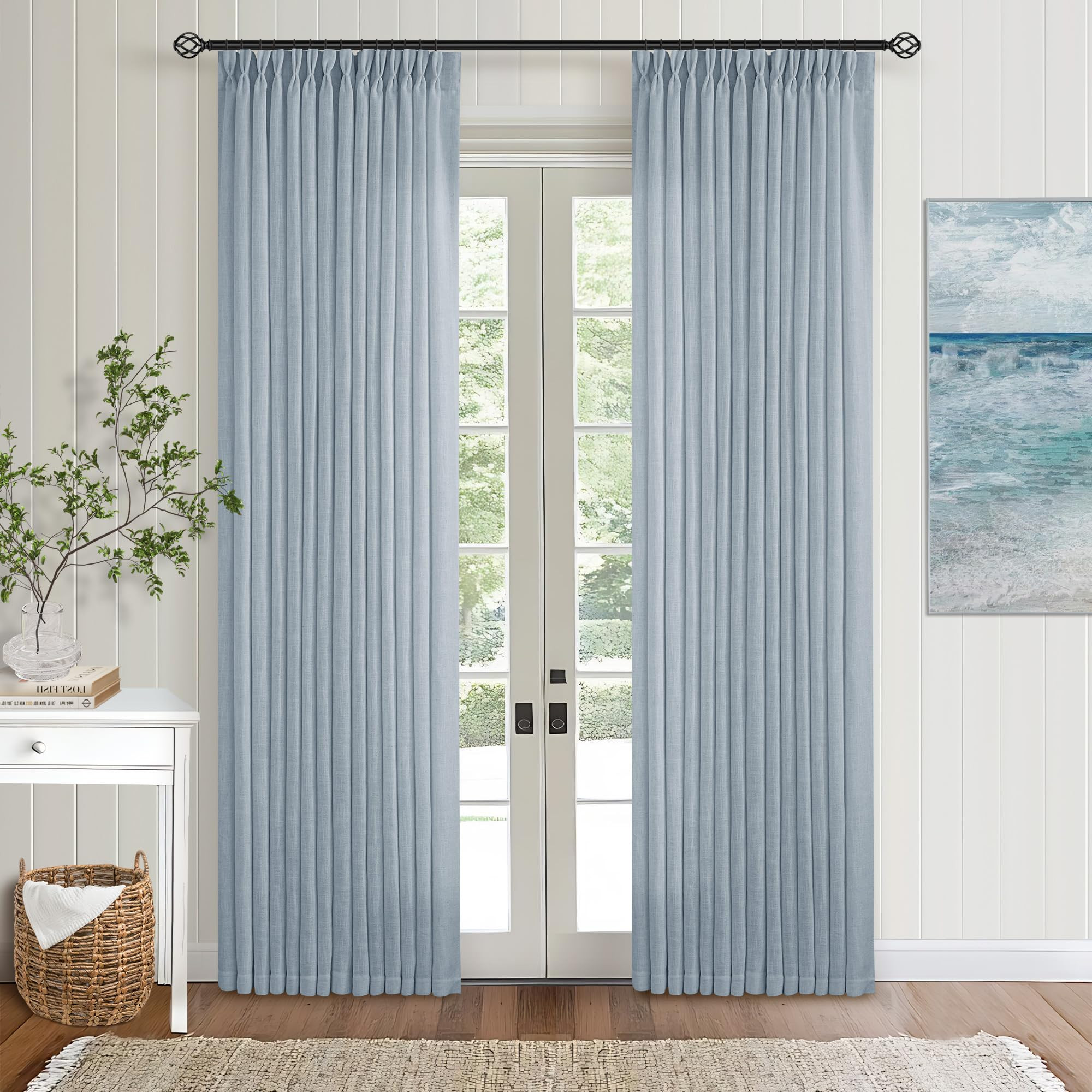 Dusty Blue Pinch Pleated Linen Curtains 84 Inches Long 2 Panels Set for Living Room Dining Pinch ... | Amazon (US)