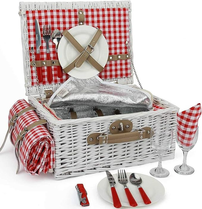INNO STAGE Romantic Wicker Picnic Basket for 2 Persons, Special White Washed Willow Hamper Set wi... | Amazon (US)