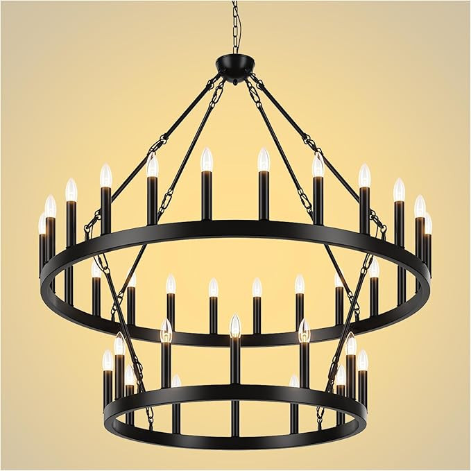 Black Wagon Wheel Chandelier 2 Tier 36-Lights 48 Inch Extra Large Farmhouse Light Fixture, Round ... | Amazon (US)