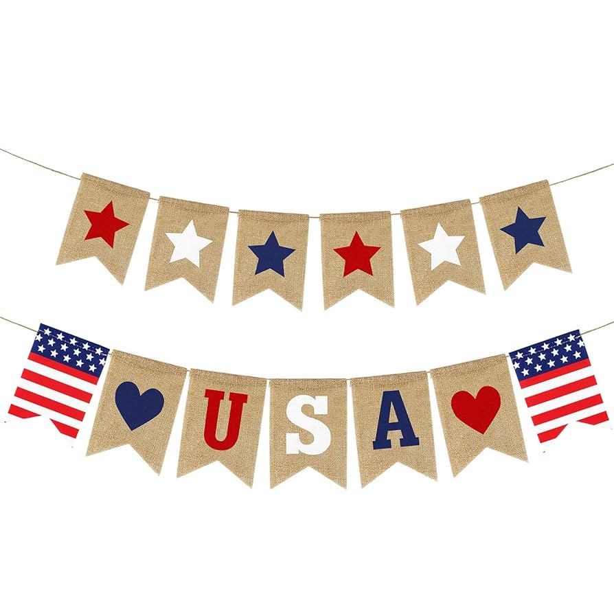 USA Banner Burlap 4th of July Decorations Rustic Patriotic Banner Red White Blue Stars Bunting Ga... | Amazon (US)