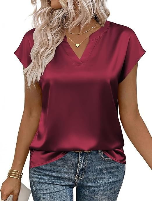 Zeagoo Women Tops Silk Satin Blouses V Neck Summer Shirts Cap Sleeve Business Casual Dressy Sprin... | Amazon (US)
