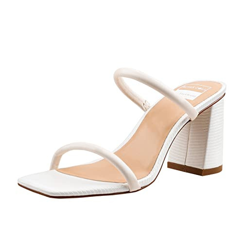 BCTEX COLL Women's High Heeled Sandals Two Strap Square Toe Slip on Comfortable Chunky Strappy Heels for Women, White, Size 9.5 | Amazon (US)