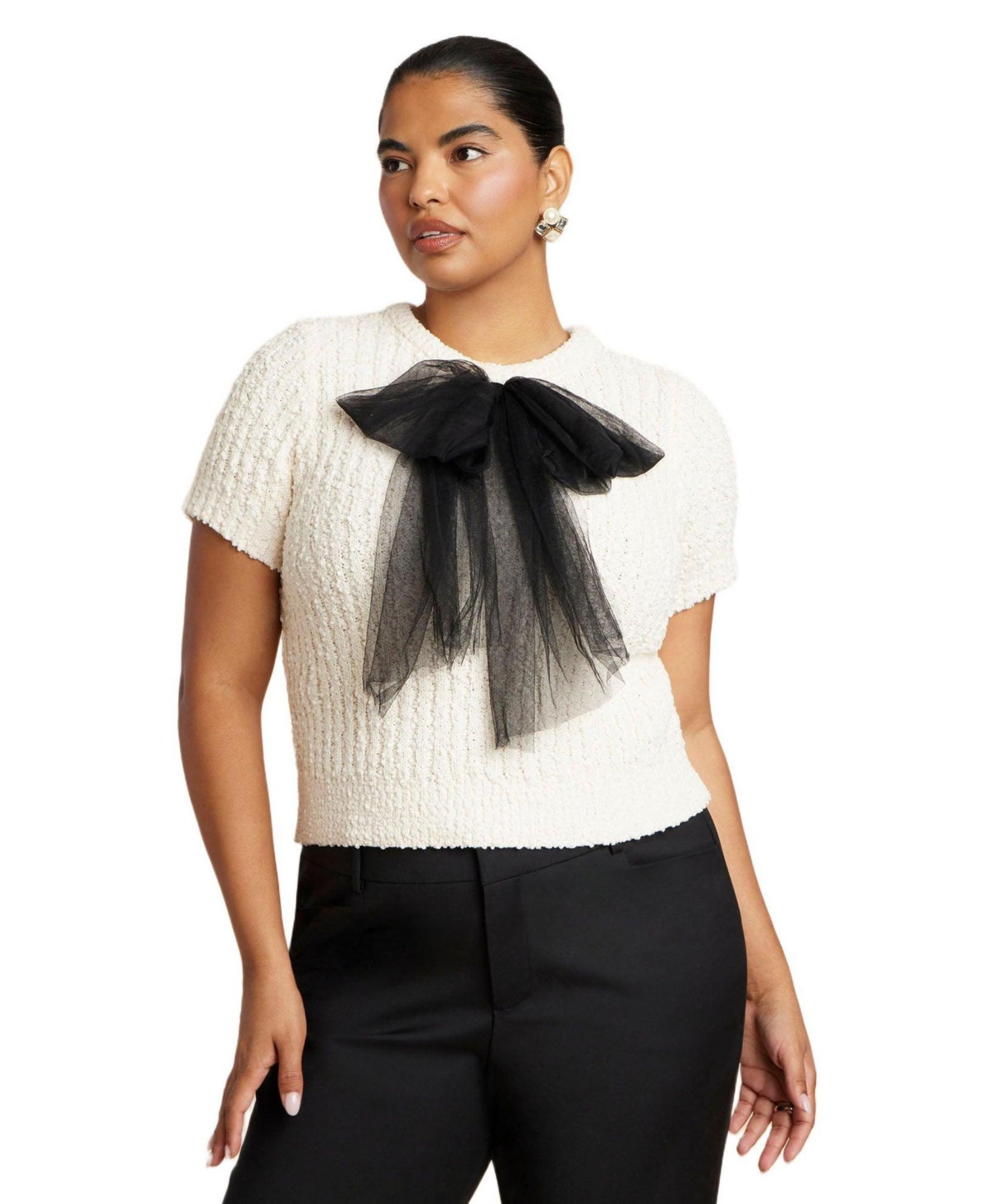 Eloquii Women's Sweater With Sheer Bow - White/ Black | Macy's