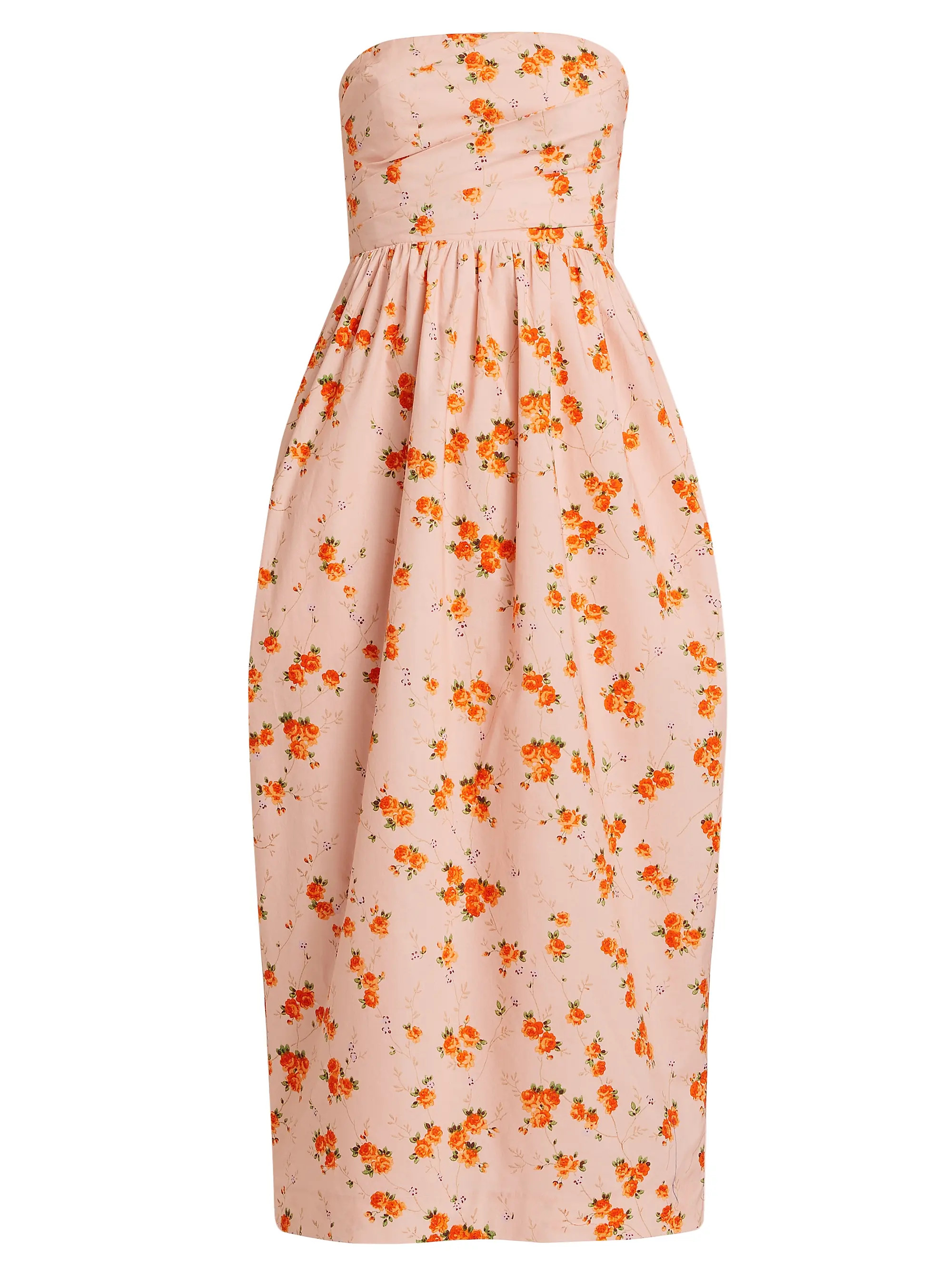 Shop LoveShackFancy Luxie Floral Cotton Strapless Midi-Dress | Saks Fifth Avenue | Saks Fifth Avenue