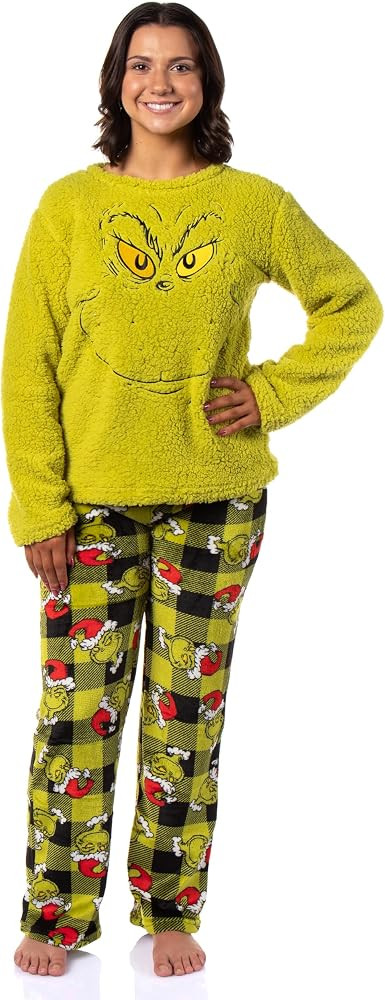 The Grinch Pajama Set Dr. Seuss Women's The Grinch Santa Fleece Buffalo Plaid Sleep Pajama 2 Piece Set Lounge | Amazon (US)