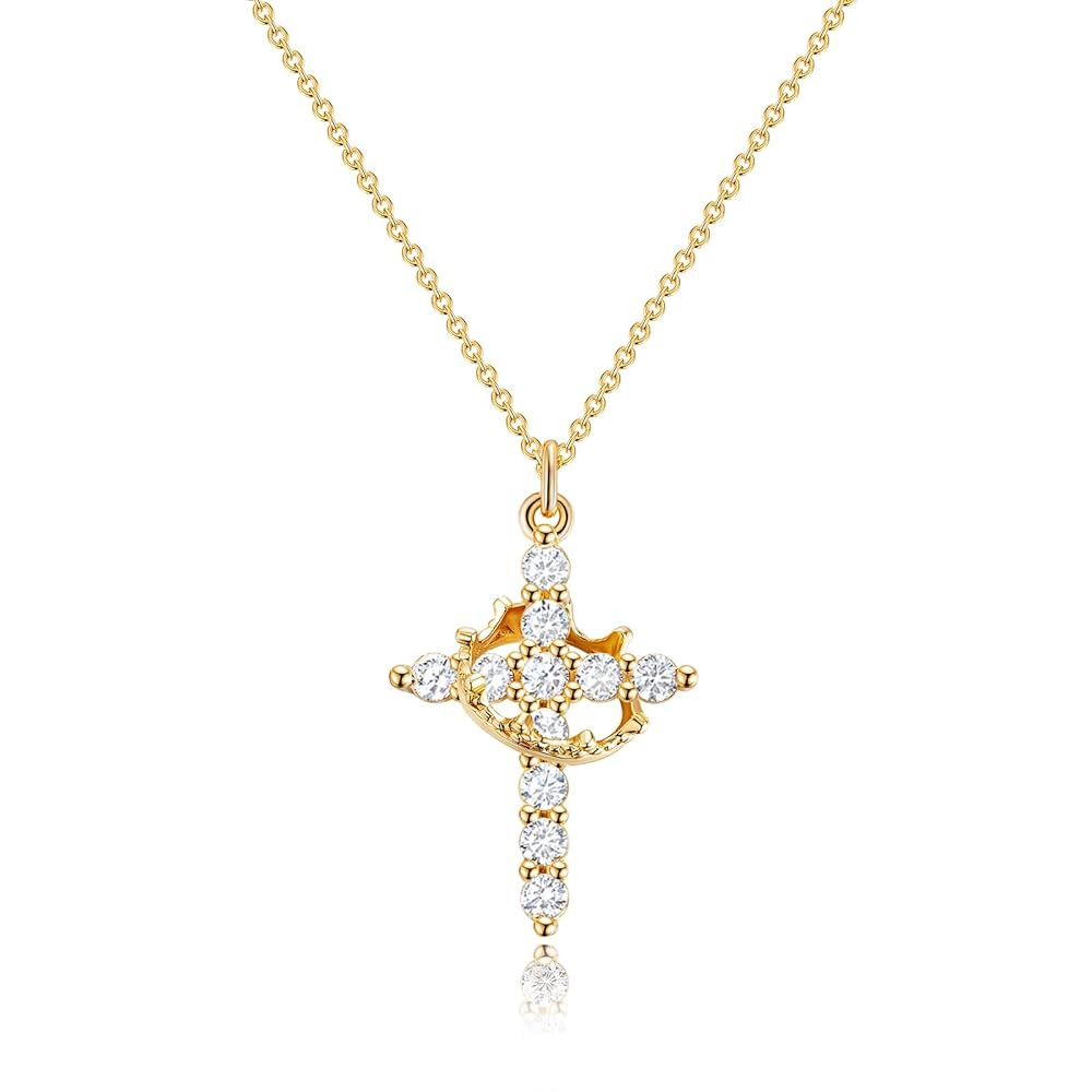 Upgraded Crown Cross Necklace for Women Women's Gifts 14K Gold Plated Crown Cross Pendant Necklac... | Amazon (US)