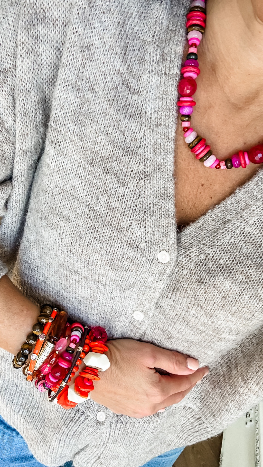 Jewelry code HOUSEOFLEO20. Beaded bracelets, fall jewelry, fall bracelets, beaded necklace, bracelet stack. Small sweater.

#LTKOver40 #LTKSaleAlert