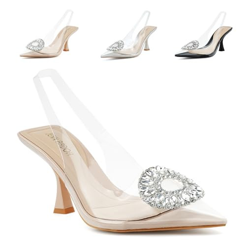 JENN ARDOR Clear Kitten Heels Sandals Slingback Closed Pointed Toe Crystal Rhinestones Wedding Bride Guest Dress High Sexy Party Pumps Comfortable Shoes for Women | Amazon (US)