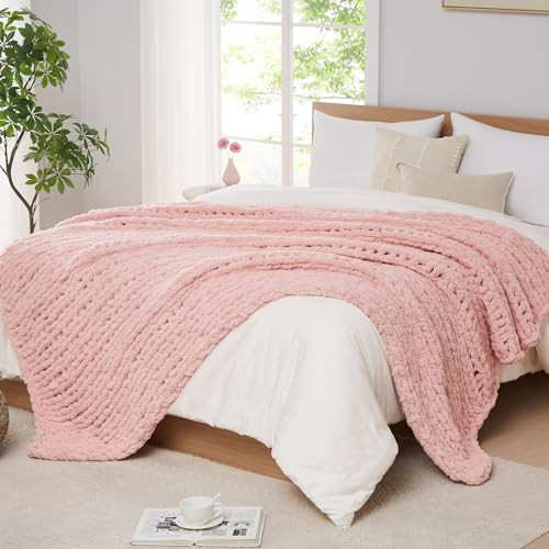 L'AGRATY Chunky Knit Blanket Throw - Soft Chenille Yarn Throw Blanket 40x50: Handmade Thick Knit Crochet Blanket - Large Chunky Rope Pink Throw Blanket for Couch Sofa Bed Home Decor | Amazon (US)