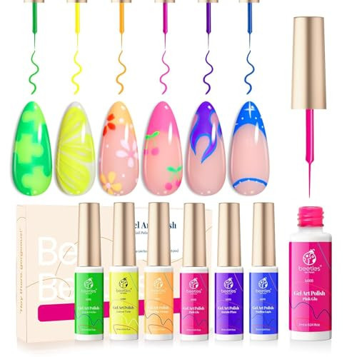 Beetles Summer Gel Liner Nail Polish Set - 6 Neon Gel Nail Polish Colors Hot Pink Orange Blue Yellow Paint for Nails Built Thin Brush in Bottle Soak off Uv LED Lamp Nails Art | Amazon (US)