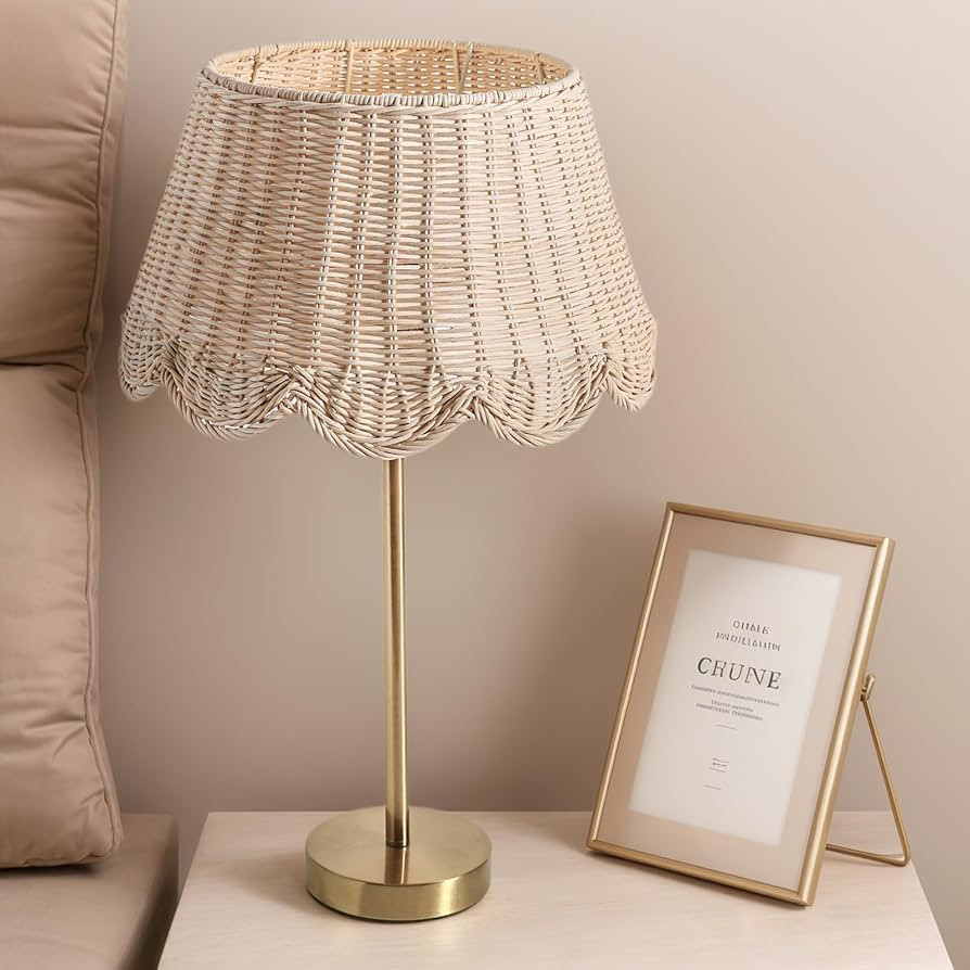 Premium Scalloped Rattan Shade Table Lamp, Small Brass Gold Table Lamps for Nightstand, Gold Smal... | Amazon (US)