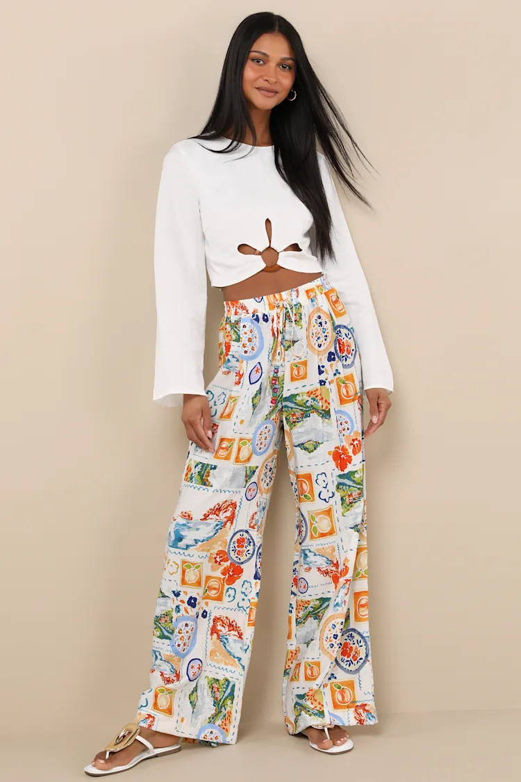 Eydis Ivory Multi Print Wide-Leg Drawstring Pants | Lulus