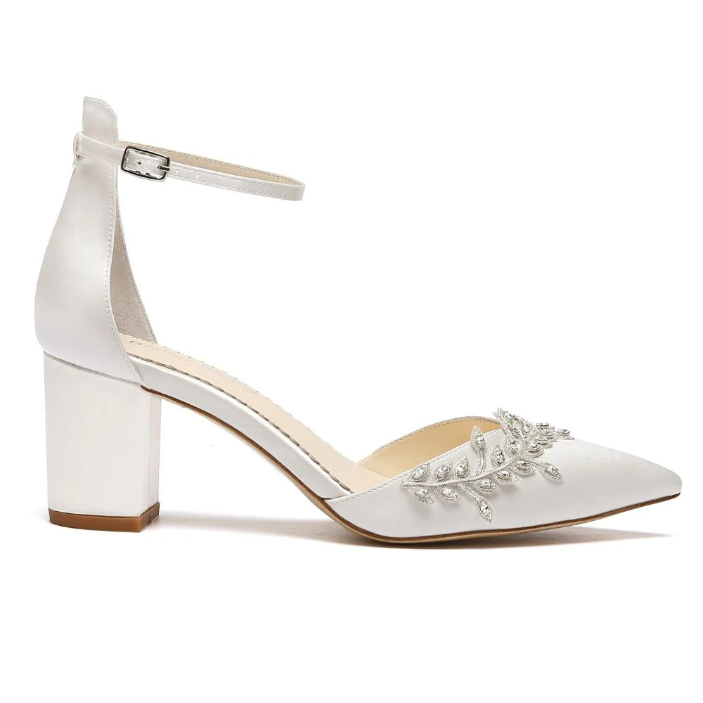 Block Ivory Bridal Shoes with Ankle Strap Crystal Vine Heels | Bella Belle Shoes