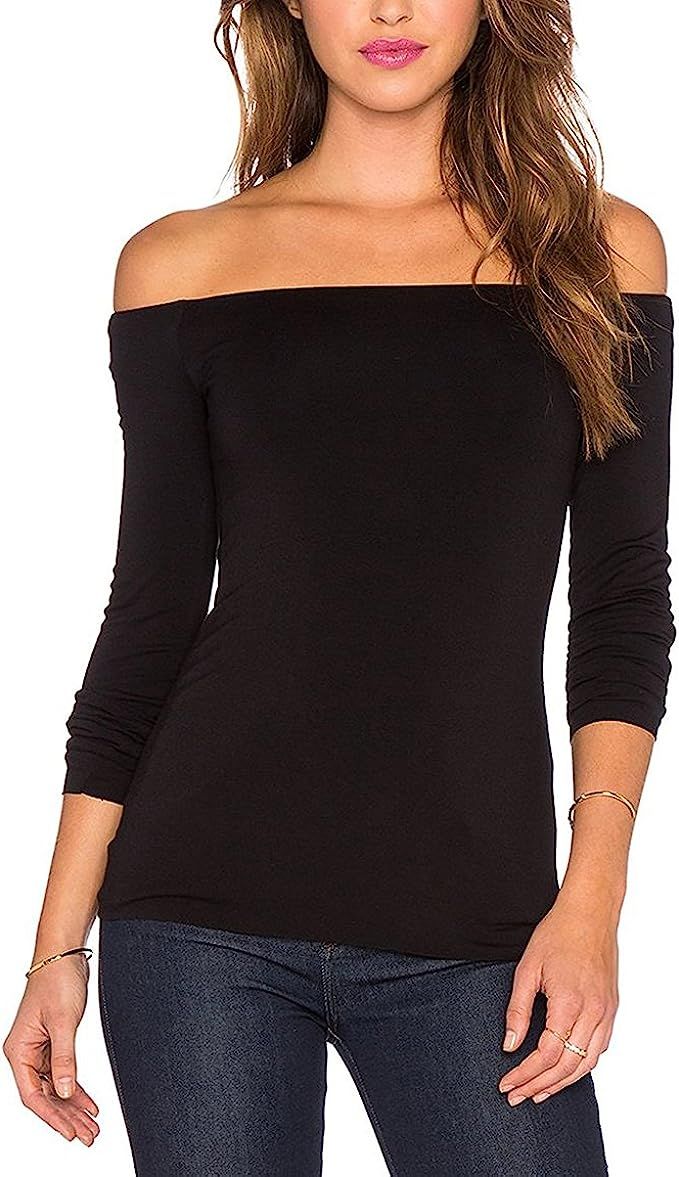 Women's Sexy Slim Fit Stretchy Off Shoulder Long Sleeve Blouse Tops Shirt | Amazon (US)