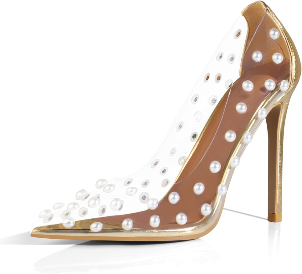 iadore Women's Pumps,11cm Pointed Toe Women High Heel Shoes Fashion Pearl Studded PVC Clear Heels... | Amazon (US)
