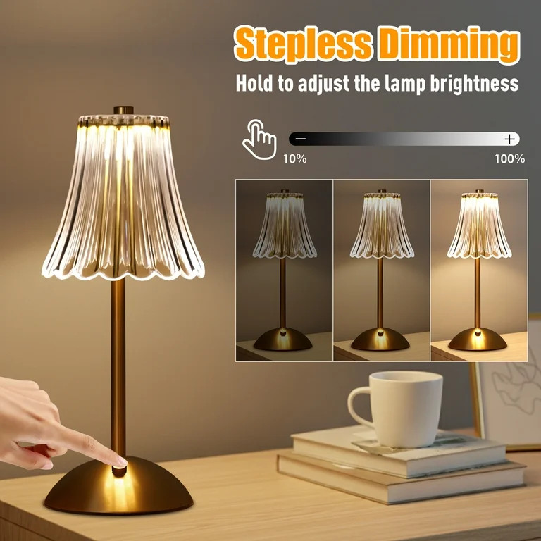 DAYBETTER Cordless Table Lamp, 12" Brass Rechargeable Cute Desk Lamp with Glass Shade,3 Colors Di... | Walmart (US)
