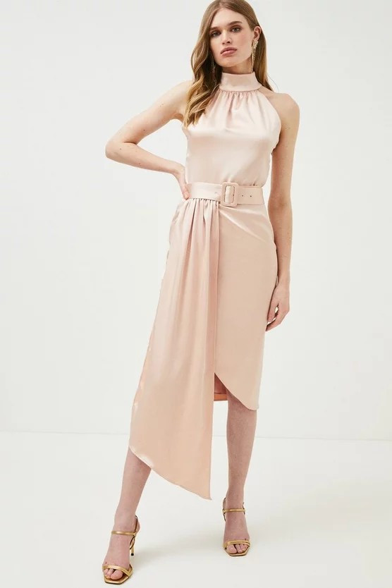 Satin Halter Drape Woven Midi Dress | Karen Millen US