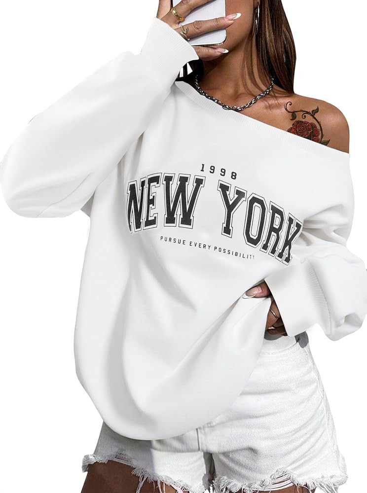 SOFIA'S CHOICE Women's Off Shoulder Sweatshirt Letter Graphic Oversized Long Sleeve Shirt Pullove... | Amazon (US)