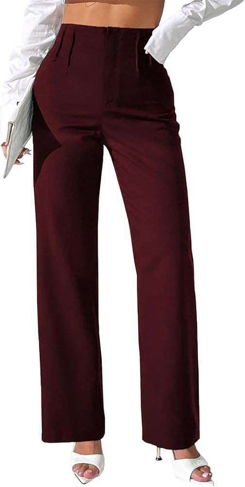 Pink Queen Women's Pleated Dress Pants Elastic High Waist Straight Leg Office Slacks Pull On Busi... | Amazon (US)