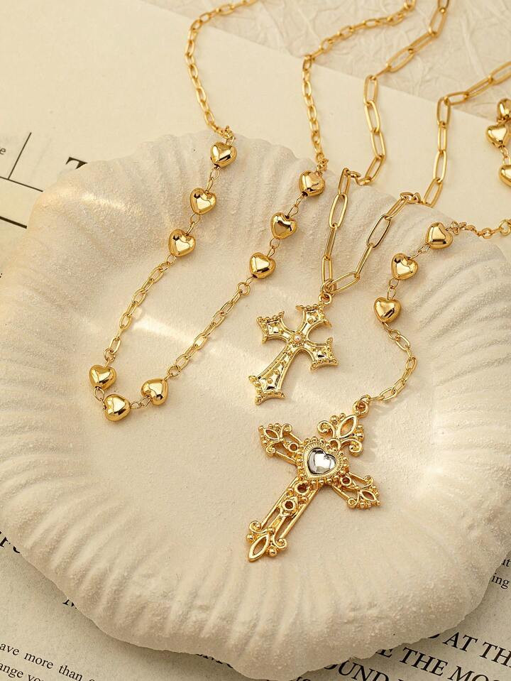 1 Pc Golden Color Heart Chain Cross Necklace Y Chain Pendant Necklaces Layering Necklaces Set Cross Jewelry | SHEIN
