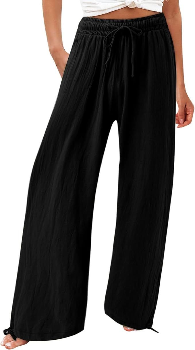 SNKSDGM Womens Wide Leg Linen Pants Summer Casual Elastic High Waist Palazzo Pant Pajamas Belted ... | Amazon (US)