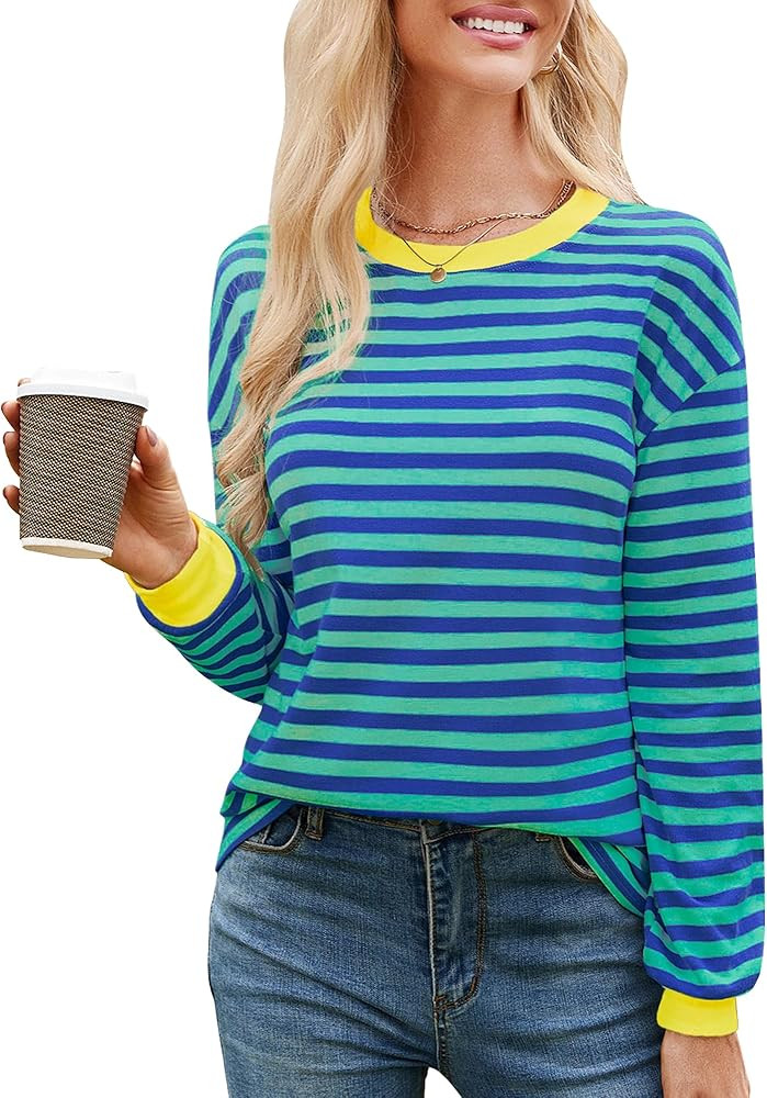PopReal Womens Striped T Shirts Fall Long Sleeve Crew Neck Loose Fit Tops Casual 2024 Trendy | Amazon (US)