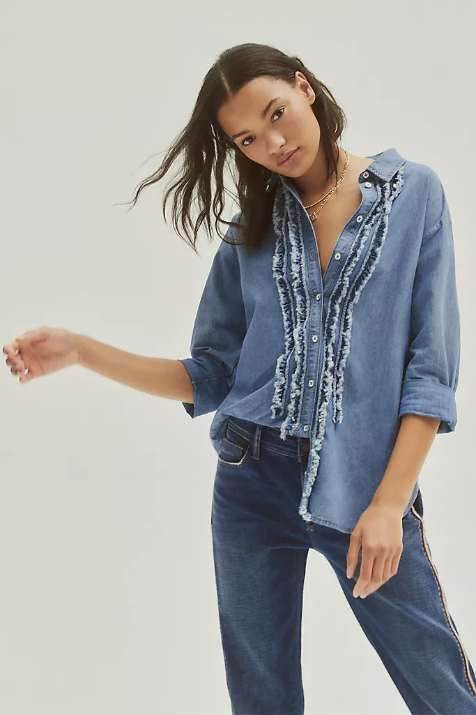 Pilcro Juni Ruffled Denim Buttondown | Anthropologie (US)