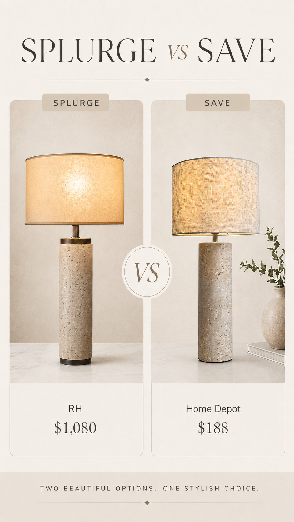 Splurge vs. Save: Designer Table Lamp Look ✨

Love the high-end look without the designer price tag? The RH table lamp is a beautiful luxury option at $1,080, while this similar Home Depot lamp is only $188. Both feature a warm neutral finish, textured base, and elegant shade that can instantly elevate a living room, bedroom, entryway, or home office.

The RH lamp is perfect for a true investment piece, but the Home Depot option gives you a very similar sophisticated look for a fraction of the price. Which one would you choose—splurge or save? Shop both beautiful options below!

#splurgeorsave #homedecorfinds #tablelamp #designerlookforless #neutralhomedecor #livingroomdecor #bedroomdecor #ltkhome #affordablehomedecor #luxuryinteriors 

 #LTKOver40 #LTKHome #LTKSaleAlert