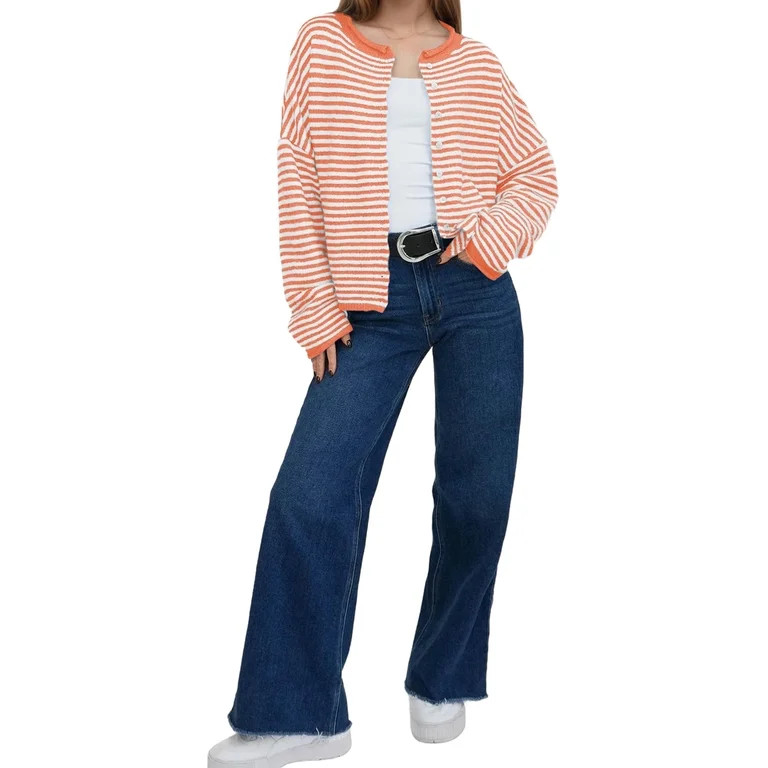 Button Down Long Sleeve Lightweight Crewneck Casual Knit Striped Cardigan | Walmart (US)