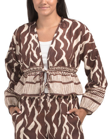 Linen Blend Animal Printed Open Long Sleeve Top For Women, Cotton/Linen | TJ Maxx