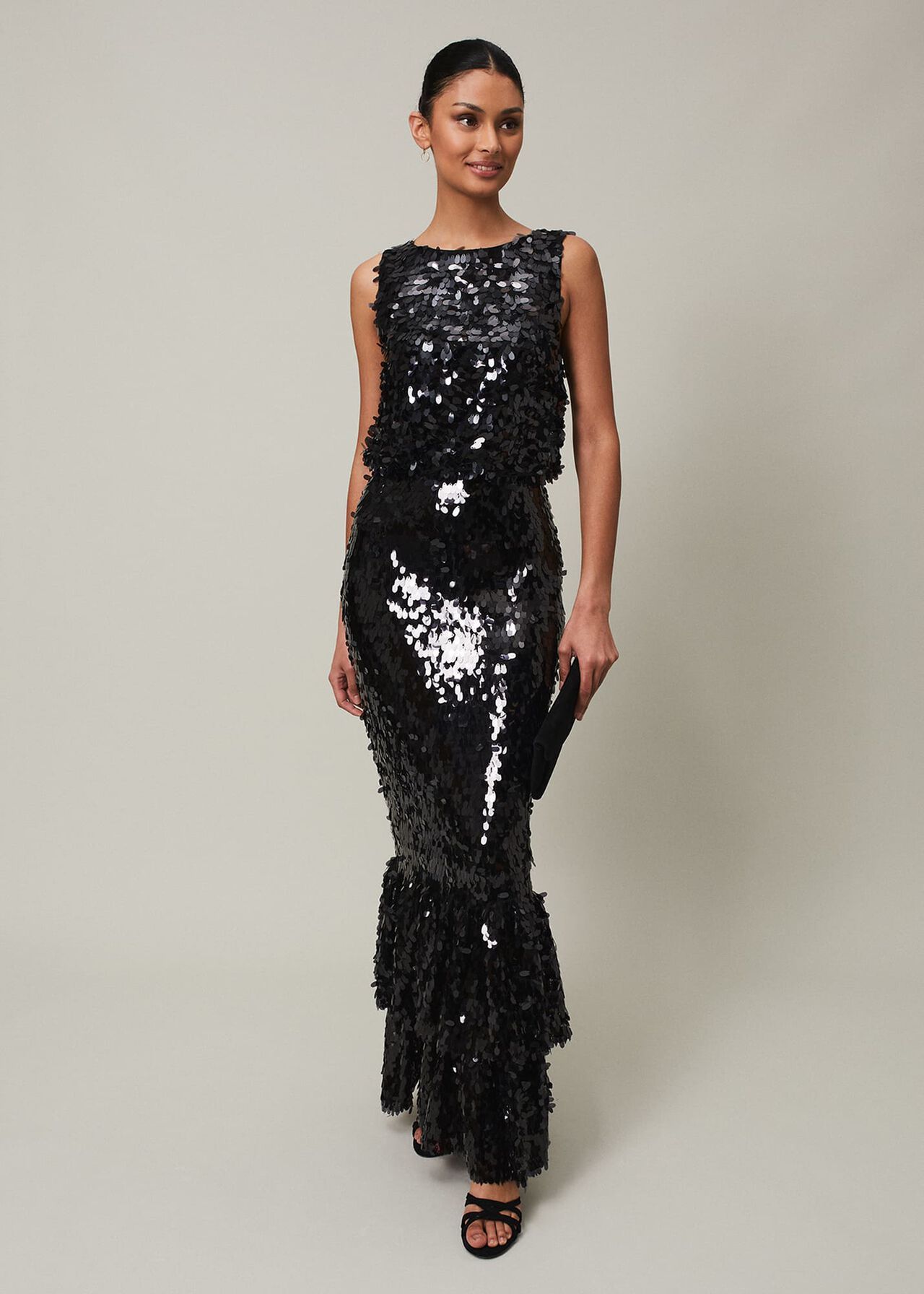 Elena Black Sequin Tiered Maxi Dress | Phase Eight (UK)