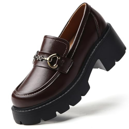 QHH Chunky Loafers Women Shoes Platform Loafers Womens Loafer Heel Brown | Amazon (US)
