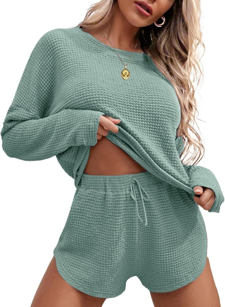 Ekouaer Womens Waffle Knit Pajama Sets Long Sleeve Top and Shorts Matching Lounge Set Loungewear ... | Amazon (US)