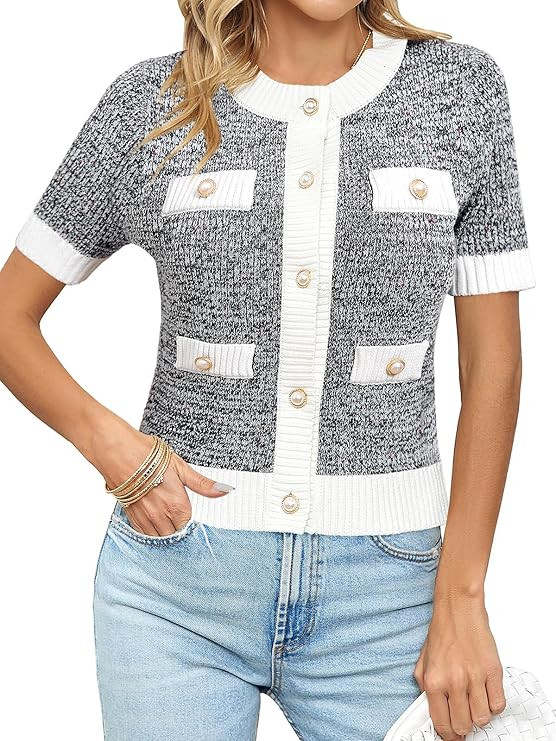 Langwyqu Womens Short Sleeve Button Down Cardigans Sweater Cropped Lightweight Crew Neck Elegant ... | Amazon (US)