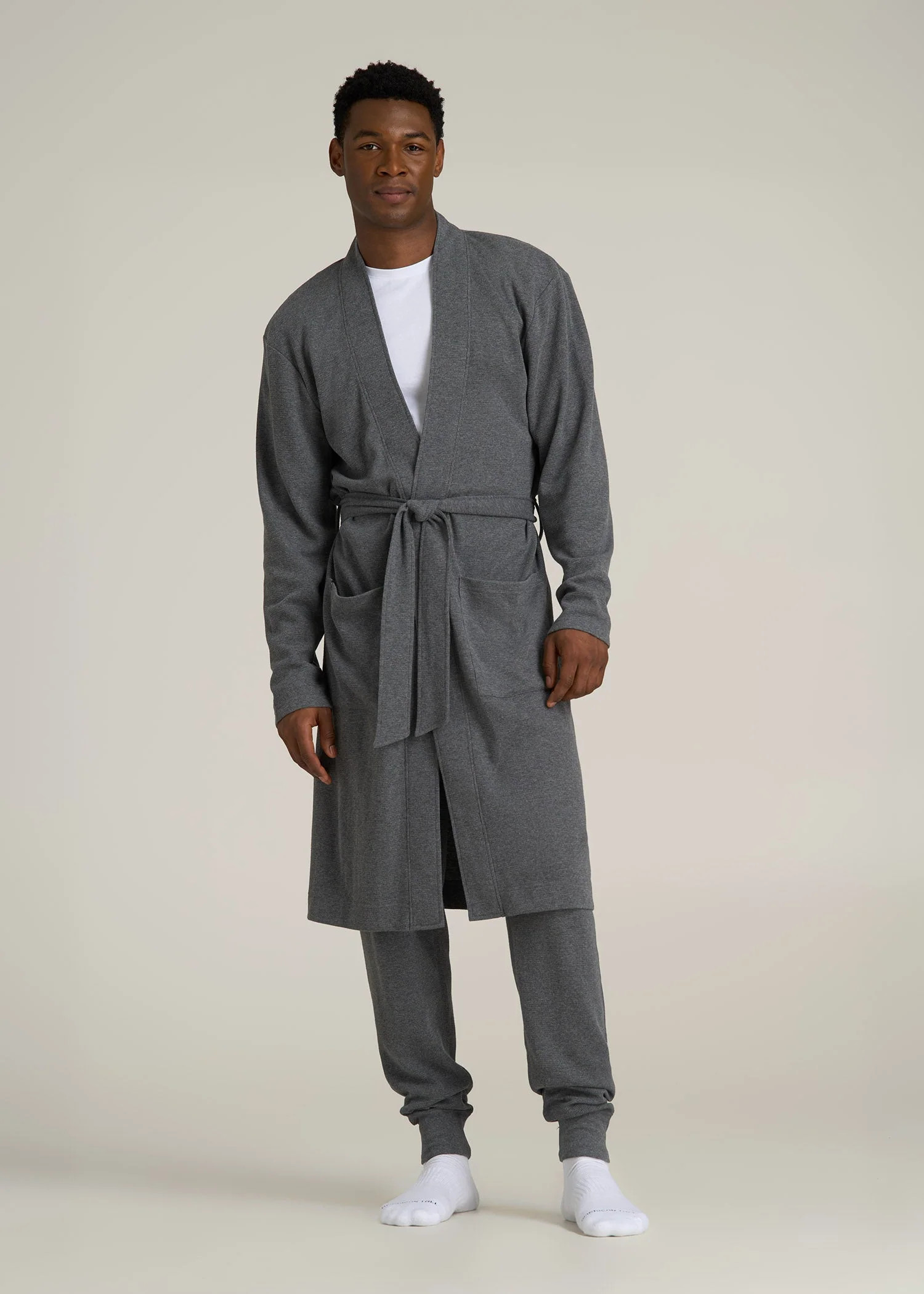 Waffle-Knit Lounge Robe for Tall Men in Stone Grey Mix | American Tall