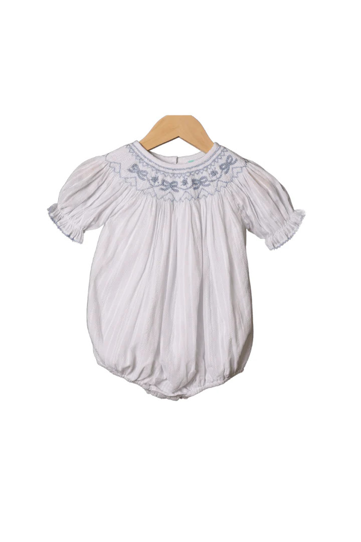 Smocked Heirloom Blue Bow White Linen Bubble | The Smocked Flamingo