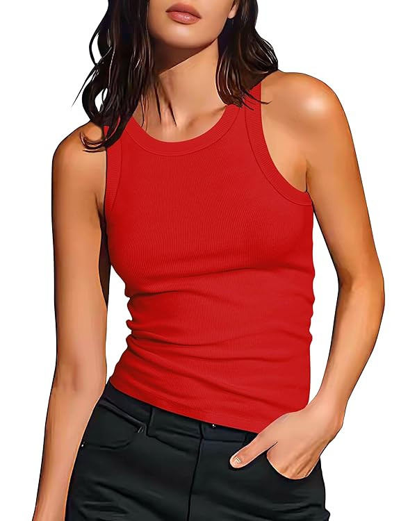 Artfish Women's Sleeveless Full Length Ribbed Fitted Racerback Workout Crew High Neck Basic Tank ... | Amazon (US)