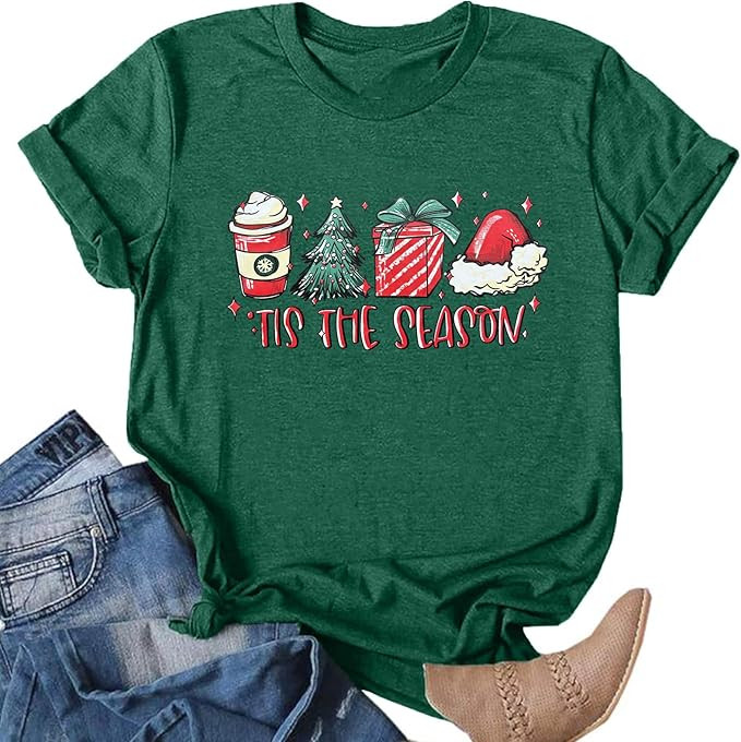 Christmas Shirts for Women Funny Tis The Season Xmas Tree Coffee Gifts T Shirt Short Sleeve Holid... | Amazon (US)