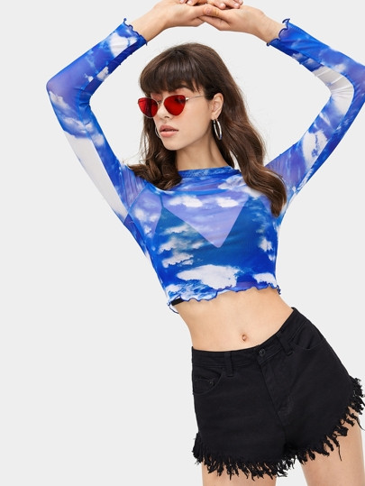 Sky Print Lettuce Trim Tee | SHEIN