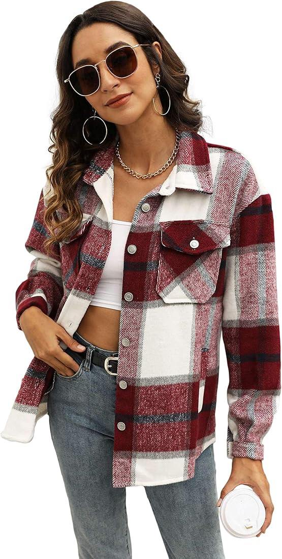Uaneo Womens Plaid Shacket Button Down Wool Blend Fall Flannel Shirt Jacket | Amazon (US)