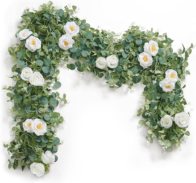 Eucalyptus Garland with 9 White Rose- 6.6 Feet Artificial Floral Vines for Wedding- Table Runner-... | Amazon (US)
