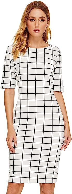 SheIn Women's Short Sleeve Plaid Grid Round Neck Elegant Sheath Pencil Bodycon Dress | Amazon (US)