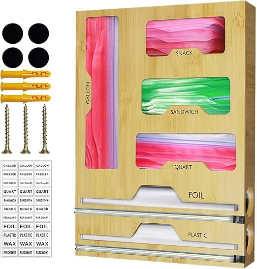 Tclouda Bag Organizer for Ziplock, Foil and Plastic Wrap Organizer, 6 in 1, Bamboo Dispenser with... | Amazon (US)
