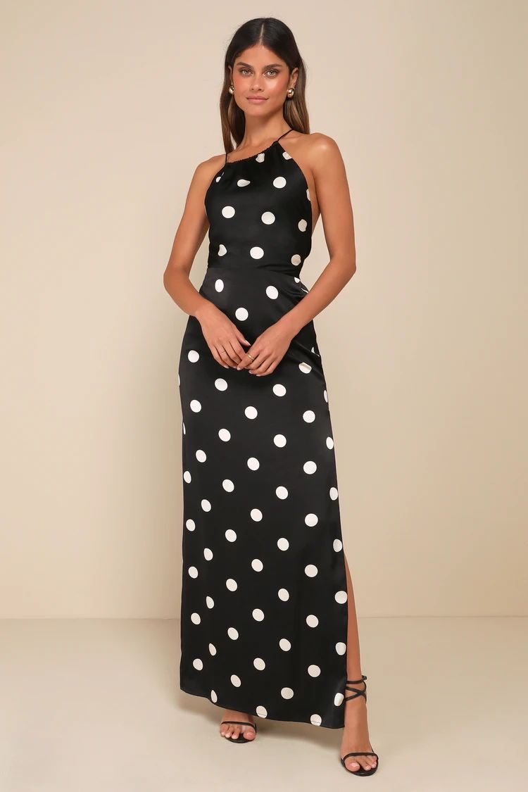 Chic Affection Black Polka Dot Satin Backless Halter Maxi Dress | Lulus