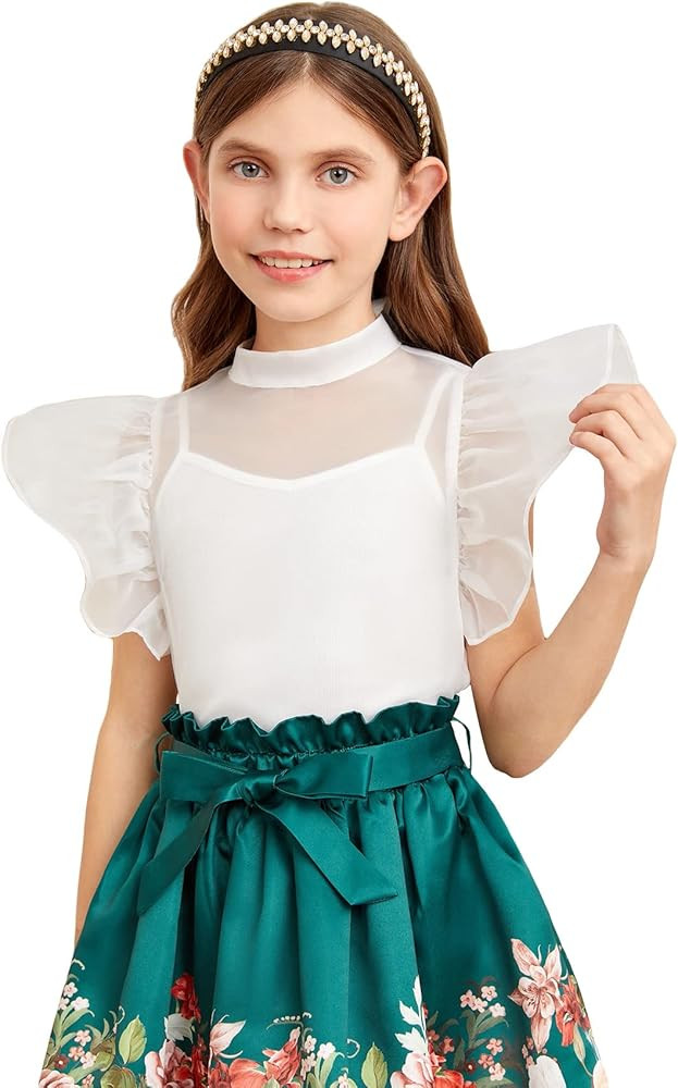 WDIRARA Girl's Mock Neck Ruffle Trim Sheer Mesh Sleeveless Top Blouse with Camisole | Amazon (US)