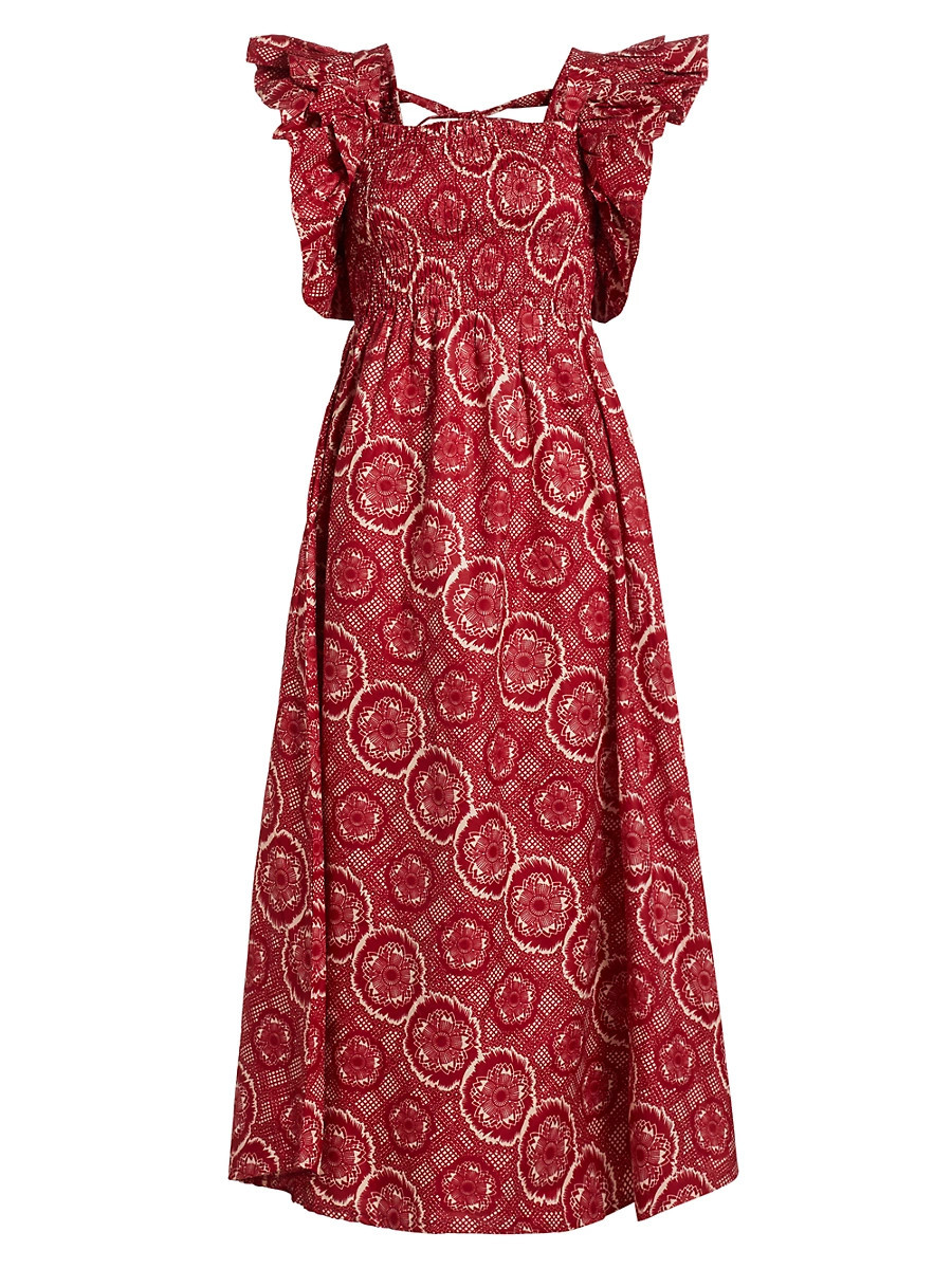 Women's Sola Abstract Smocked Cotton Midi-Dress - Red - Size Medium | Saks Fifth Avenue