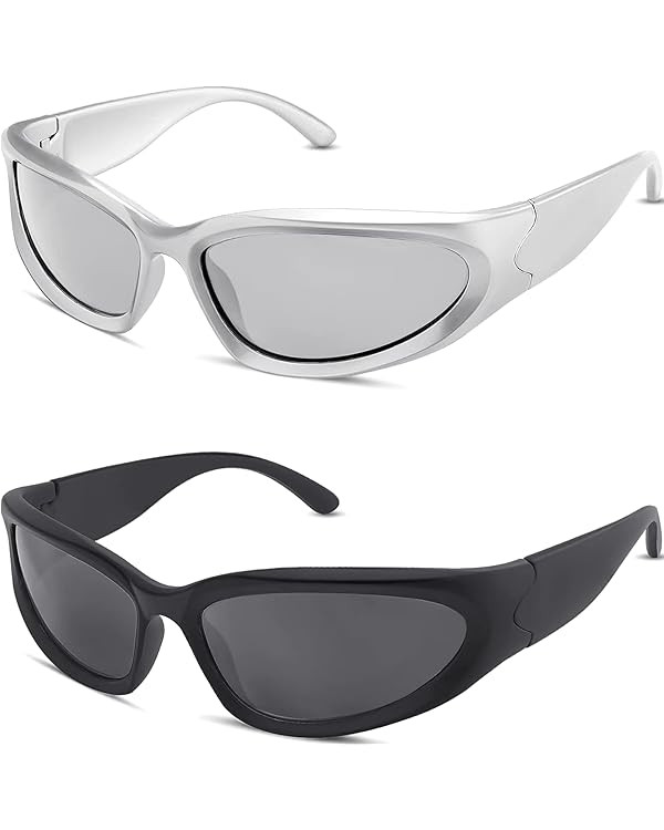Y2K Wrap Around Sunglasses Trendy Silver Glasses Retro 90s Shades Women Futuristic | Amazon (US)